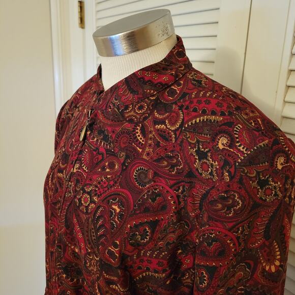 90s Paisley Zip Jacket Deep Red Notations Petite L Shoulder Pads Waist Seam - Picture 2 of 9